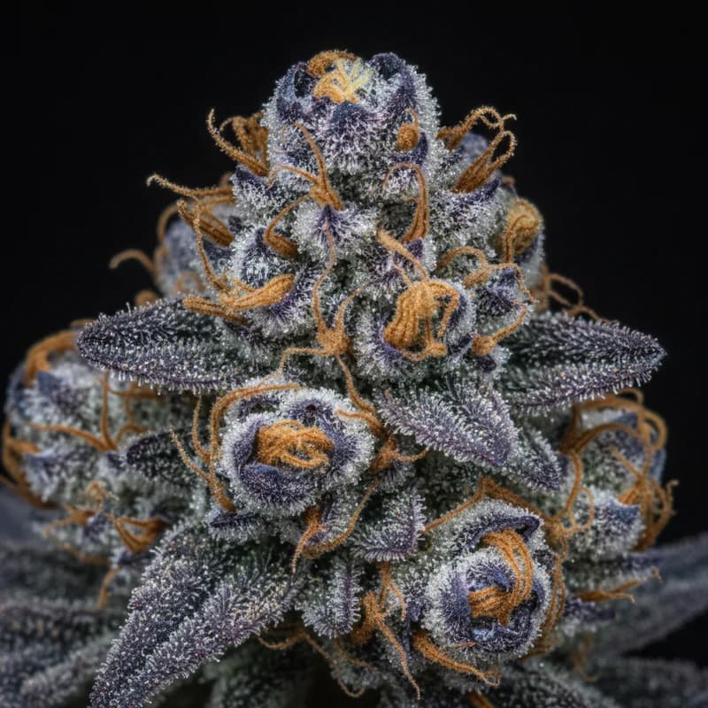 Blue Cheese Auto Trichome Makro, extreme Nahaufnahme der Harzdrüsen, 18–21% THC