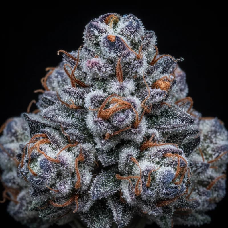 Blueberry Auto Trichome Makro, extreme Nahaufnahme der Harzdrüsen, 18–21% THC
