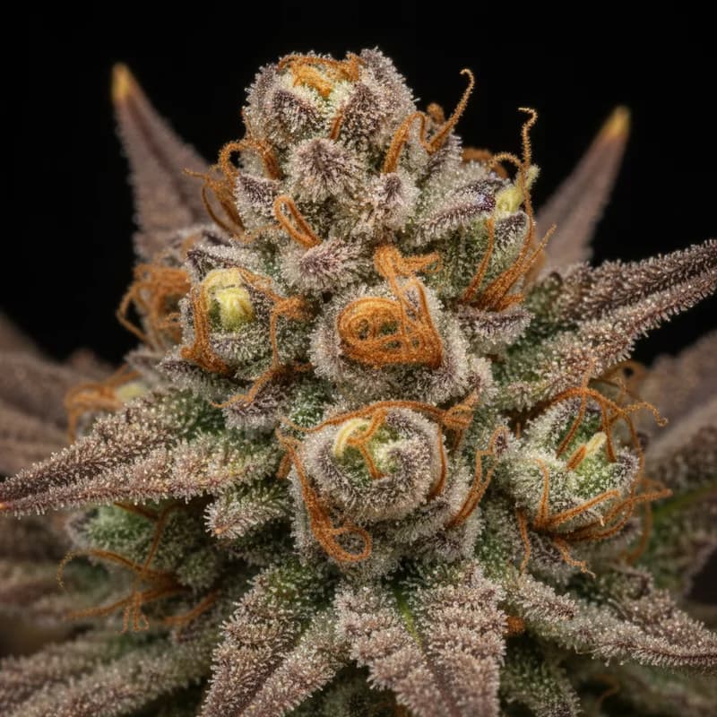 Mendo Juice Auto Trichome Makro, extreme Nahaufnahme der Harzdrüsen, 21–24% THC