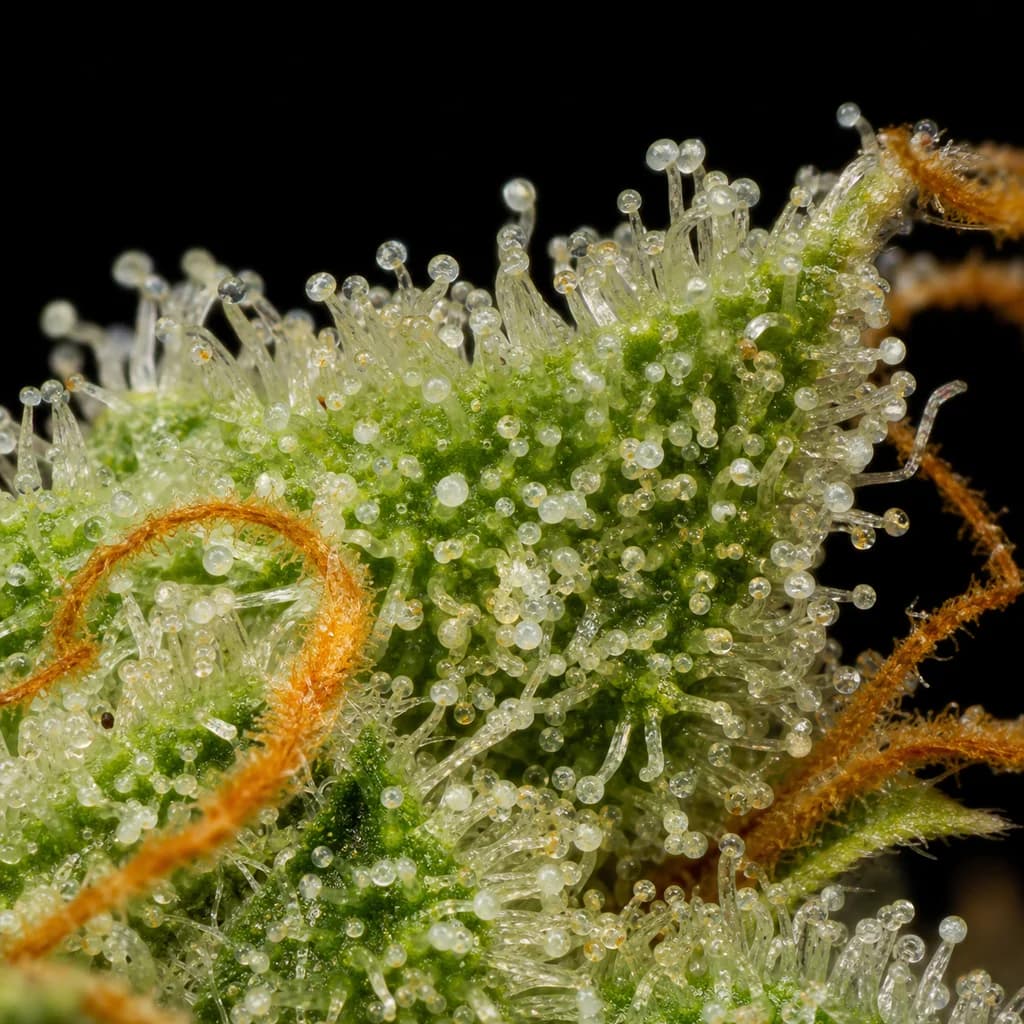 Mimosa Auto Trichome Makro, extreme Nahaufnahme der Harzdrüsen, 20–23% THC