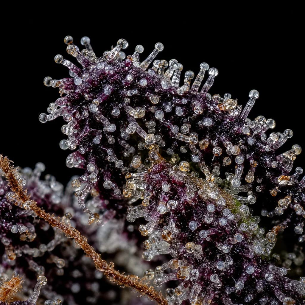 Slurricane Auto Trichome Makro, extreme Nahaufnahme der Harzdrüsen, 21–24% THC