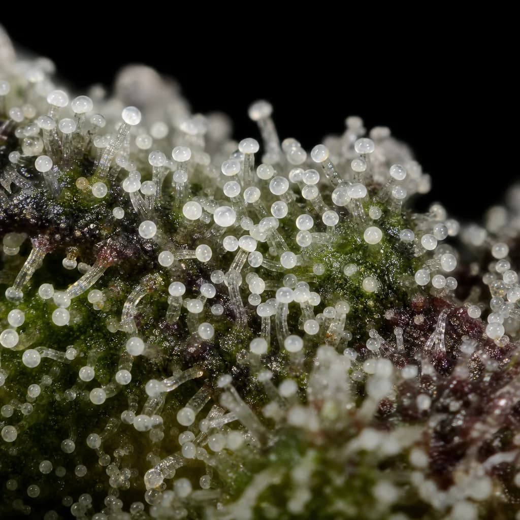 Biscotti Auto Trichome Makro, extreme Nahaufnahme der Harzdrüsen, 22–25% THC