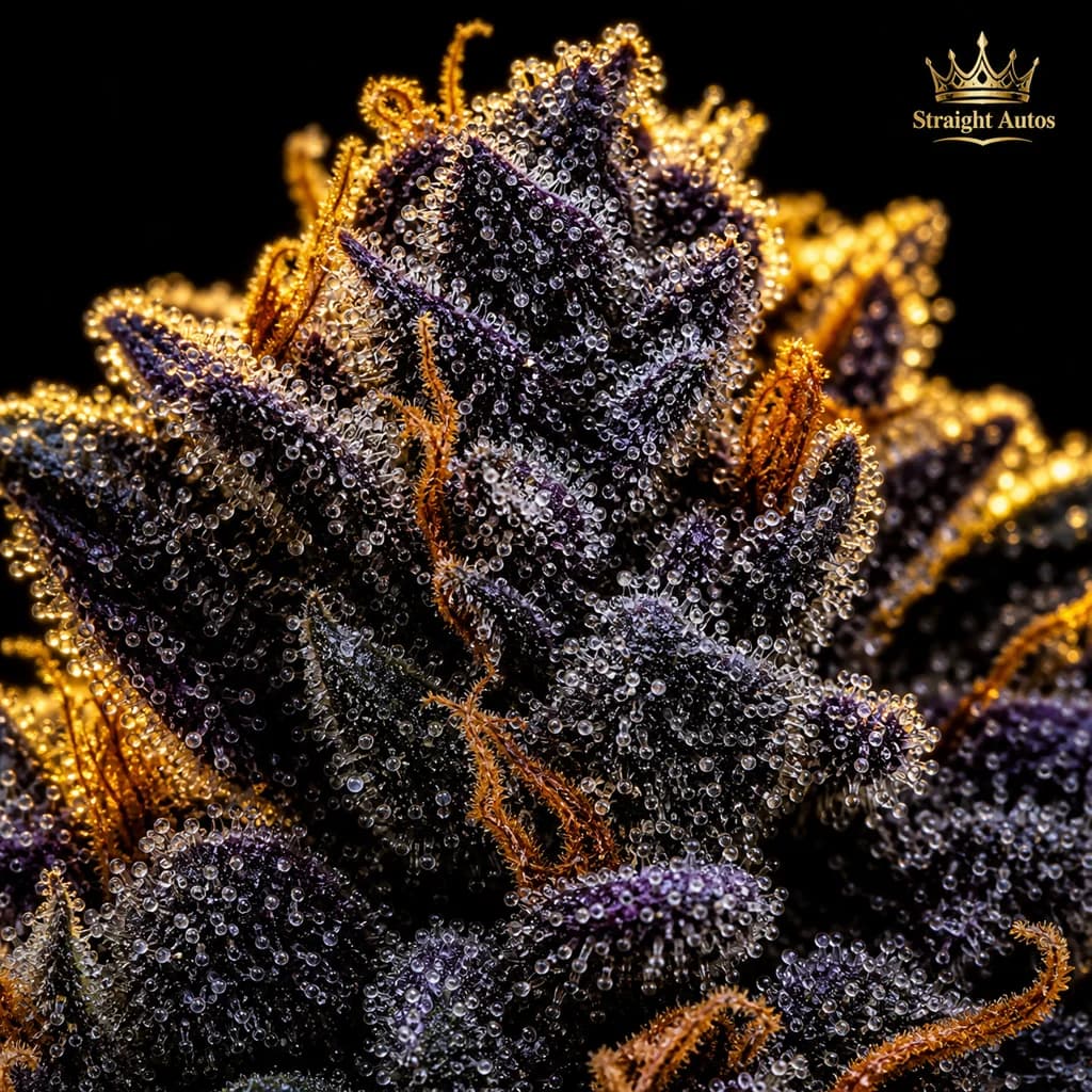 Blackruntz Auto Trichome Makro, extreme Nahaufnahme der Harzdrüsen, 23–26% THC