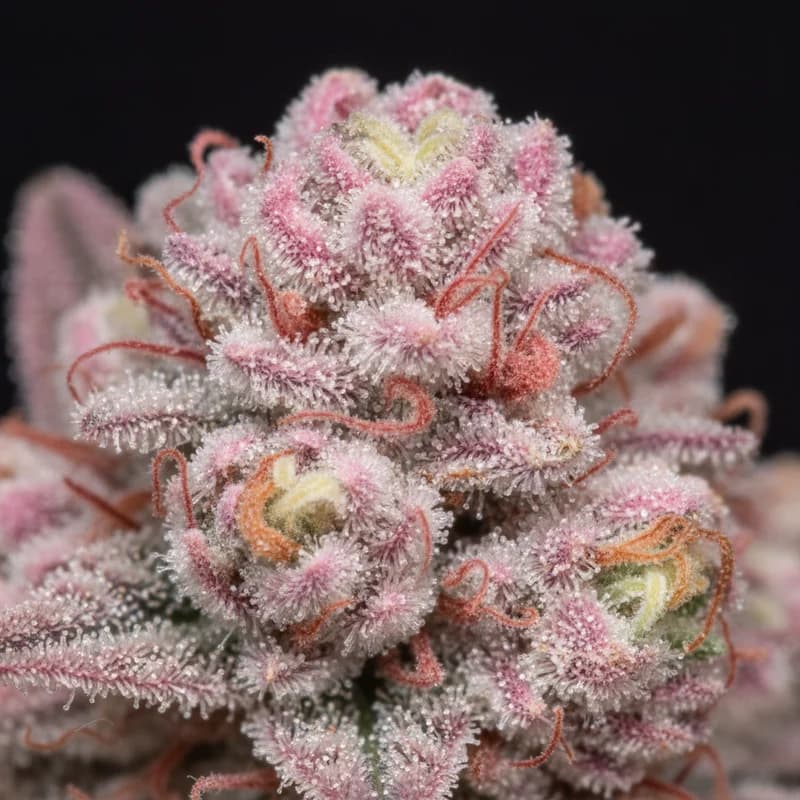 Bubblegum Auto Trichome Makro, extreme Nahaufnahme der Harzdrüsen, 17–20% THC
