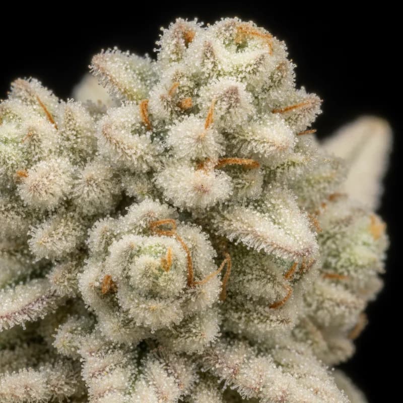 Cereal Milk Auto Trichome Makro, extreme Nahaufnahme der Harzdrüsen, 22–25% THC