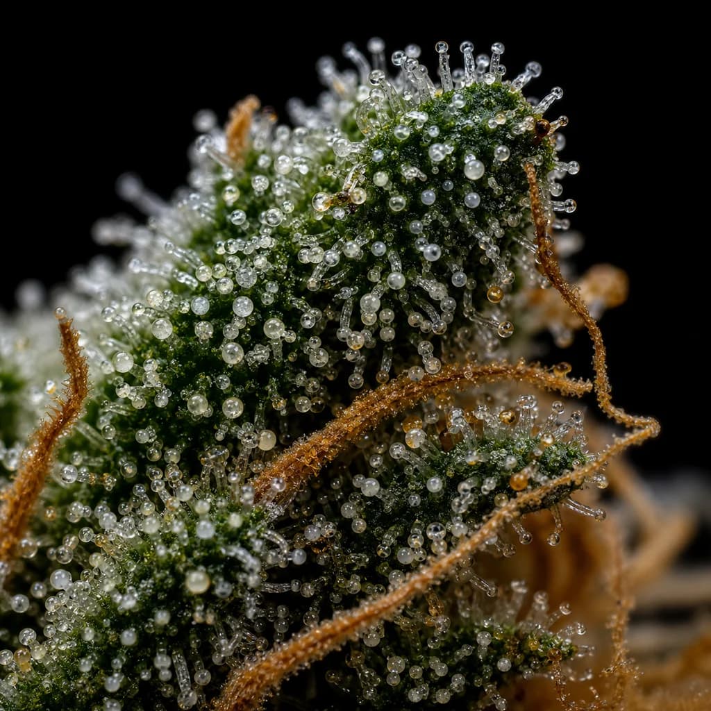 Deimos Auto Trichome Makro, extreme Nahaufnahme der Harzdrüsen, 19–22% THC