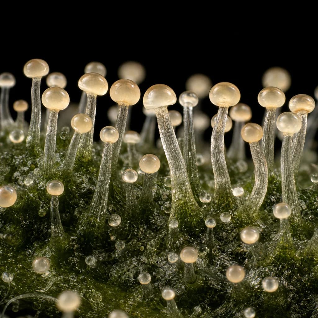 GMO Auto Trichome Makro, extreme Nahaufnahme der Harzdrüsen, 23–26% THC