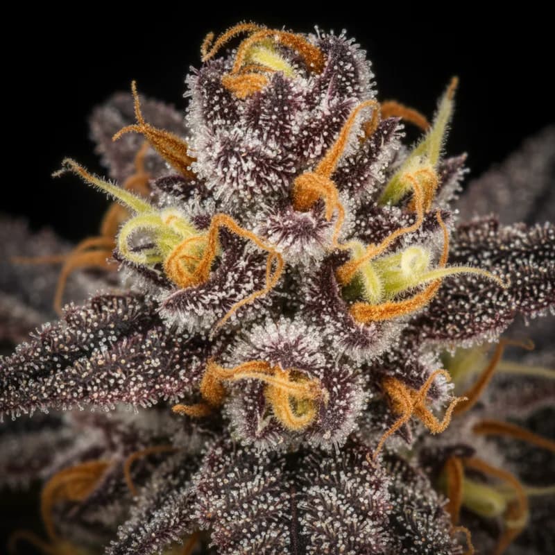 Lemon Cherry Gelato Auto Trichome Makro, extreme Nahaufnahme der Harzdrüsen, 24–27% THC