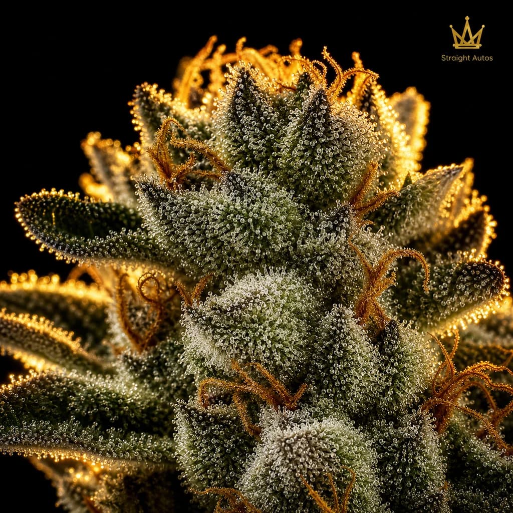 Northern Lights Auto Trichome Makro, extreme Nahaufnahme der Harzdrüsen, 18–21% THC