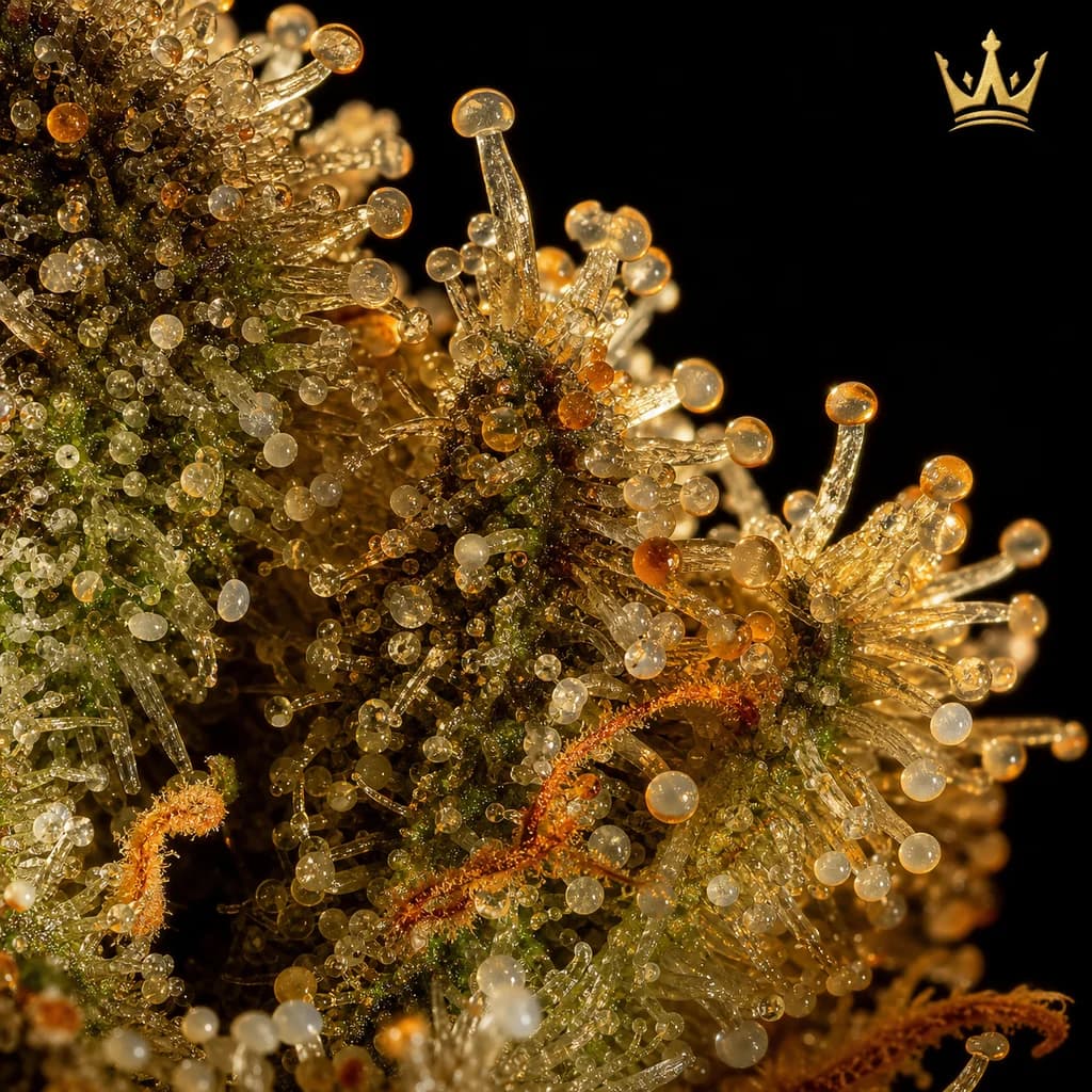 OG Kush Auto Trichome Makro, extreme Nahaufnahme der Harzdrüsen, 21–24% THC