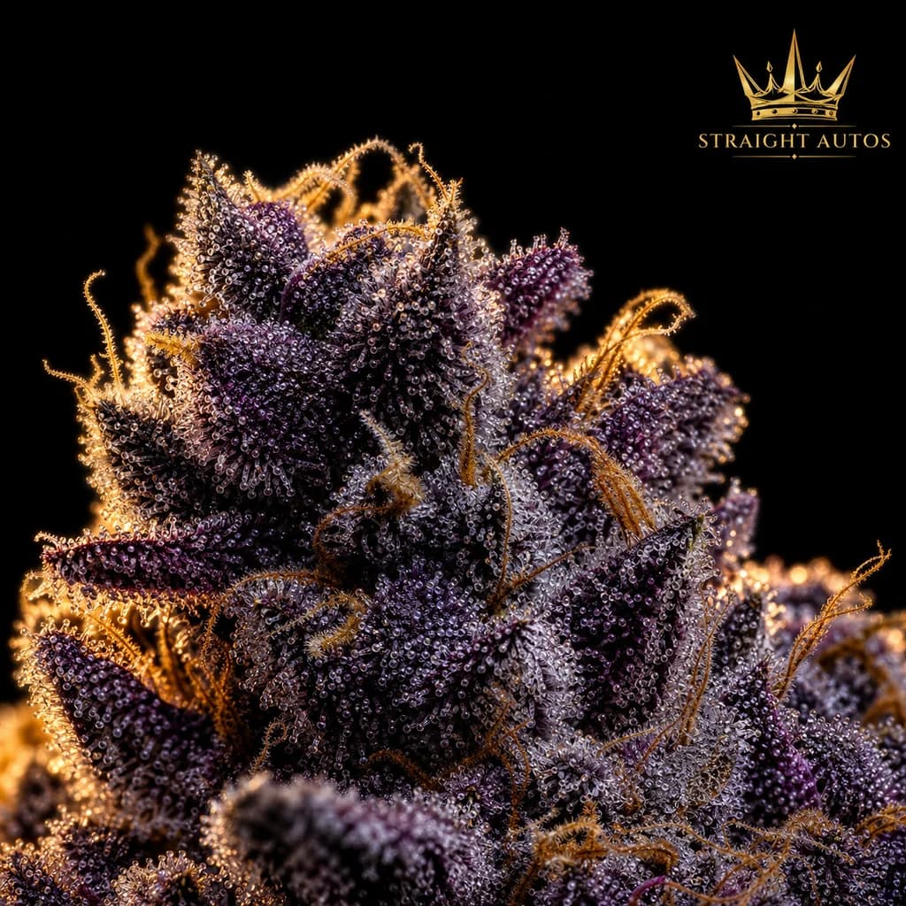 Purple Punch Auto Trichome Makro, extreme Nahaufnahme der Harzdrüsen, 20–23% THC