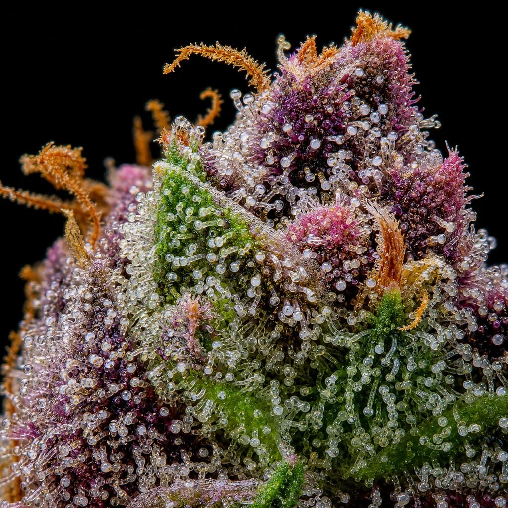 Rainbow Belts Auto Trichome Makro, extreme Nahaufnahme der Harzdrüsen, 21–24% THC